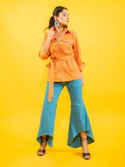 Kaori By Shreya - Sunrise Orange Shirt with Denim Pant and Belt (Set of 3)