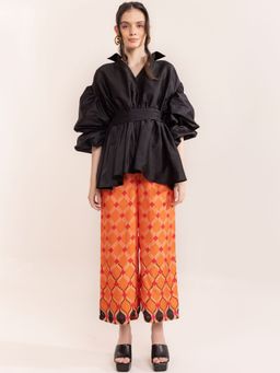 Kaori By Shreya - Black Beauty Top, Orange Dragon Pant with Belt (Set of 3)