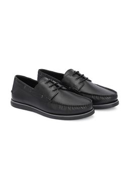 Delize - Men Black Leather Boat Shoes with Leather Laces