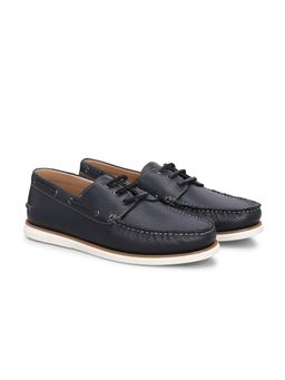 Delize - Men Navy Blue Leather Boat Shoes with Leather Laces
