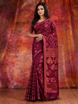 CHARUKRITI - Magenta Blend Cotton Soft Handwoven Saree and Allover Copper Zari & Unstitched Blouse