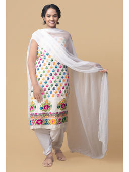 Unnati Silks - Unstitched White Pure Handwoven Phulkari Cotton Salwar Kameez (Set of 3)