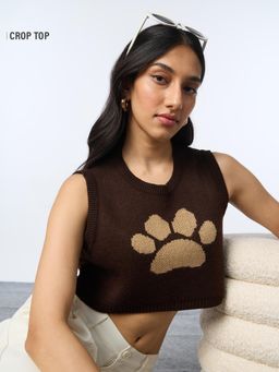 The Souled Store - Women Brown Knitted Crop Top: Paw Power