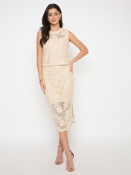 Madame - Floral Lace Beige Top and Midi Skirt
