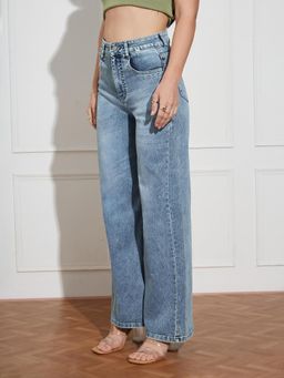 Miss Chase - Women Light Blue Regular-Length Stretchable Denim Wide Leg Jeans