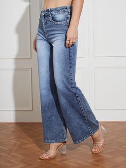 Miss Chase - Women Light Blue Wide-Leg Regular-Length Stretchable Denim Jeans