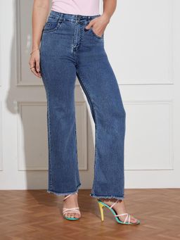 Miss Chase - Women Navy-Blue Wide-Leg High Rise Regular-Length Stretchable Denim Jeans