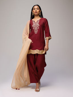 Gajra Gang - Red Embroidered Kurta, Farshi Salwar & Dupatta Eastern Souk Set of 3