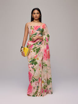 Gajra Gang - Pink Georgette Floral Print Embellished Saree Blushed Affair With Unstiched Blouse