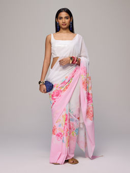 Gajra Gang - Offwhite Georgette Floral Print Saree Blushed Affair With Unstitched Blouse