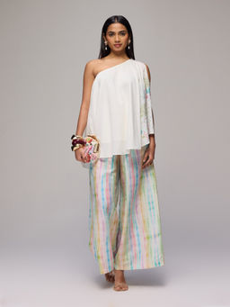 Gajra Gang - Off white Embroidered One shoulder Top & Stripey Palazzo Seamance Set of 2