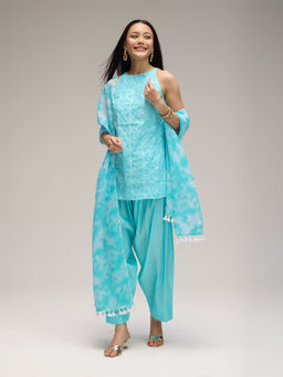 Gajra Gang - Blue Schiffli Kurta, Farsi Salwar & Dupatta Seamance Set of 3