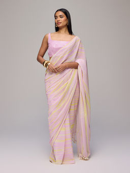 Gajra Gang - Yellow Georgette Shibori Print Embellished Saree Seamance With Unstiched Blouse