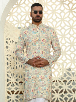 Kraft India - Geometric Printed Cream Mandarin Collor Cotton Kurta
