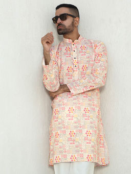 Kraft India - Geometric Printed Peach Mandarin Collor Cotton Kurta