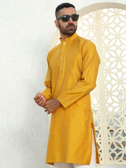 Kraft India - Silk Blend Ethnic Motifs Woven Mustard Kurta
