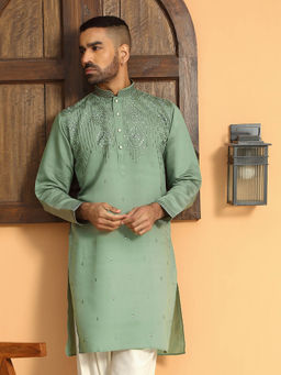 KRAFT INDIA LUXE - Cotton Silk Sequins Work Embroidered Green Kurta