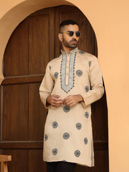 KRAFT INDIA LUXE - Ethnic Motifs Embroidered Cotton Silk Mandarin Collor Cream Kurta