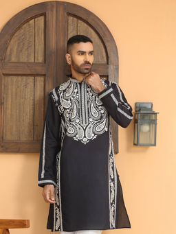 KRAFT INDIA LUXE - Cotton Silk Embroidered Mandarin Collor Navy Blue Kurta
