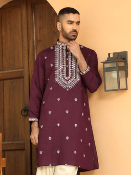 KRAFT INDIA LUXE - Zari Embroidered Cotton Silk Yoke Design Wine Kurta