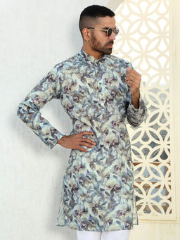 Kraft India - Leaf Printed Green Mandarin Collor Cotton Summer Kurta