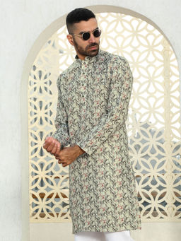 Kraft India - Leaf Printed Green Mandarin Collor Cotton Summer Kurta