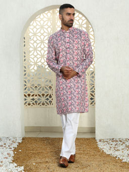 Kraft India - Leaf Printed Purple Mandarin Collor Cotton Summer Kurta