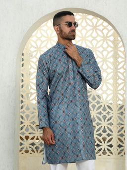 Kraft India - Floral Printed Blue Mandarin Collor Cotton Summer Kurta