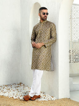 Kraft India - Floral Printed Olive Mandarin Collor Cotton Summer Kurta