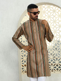 Kraft India - Geometric Beige Mandarin Collor Cotton Summer Kurta