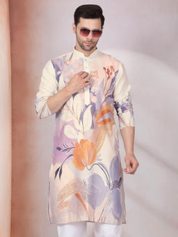 Kraft India - Floral Printed Beige Mandarin Collor Cotton Kurta