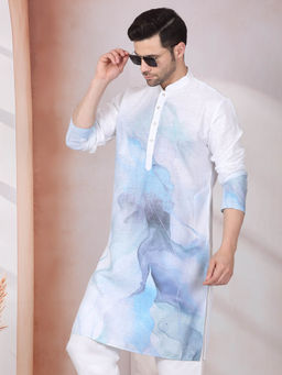 Kraft India - Abstract Marble Printed Blue Mandarin Collor Cotton Kurta