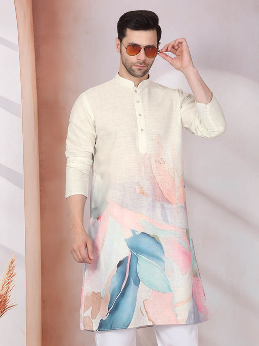 Kraft India Abstract Marble Printed Cream Mandarin Collor Cotton Kurta