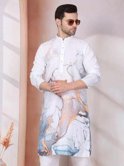 Kraft India Abstract Marble Printed White Mandarin Collor Cotton Kurta
