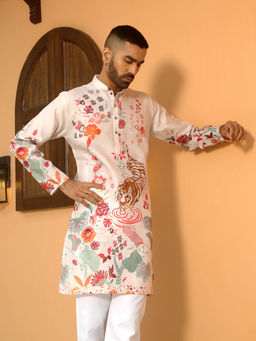 Kraft India - Floral Printed Peach Mandarin Collor Cotton Summer Kurta