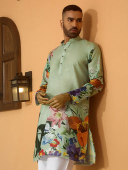 Kraft India - Floral Printed Green Mandarin Collor Cotton Summer Kurta