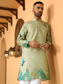 Kraft India - Printed Green Mandarin Collor Cotton Summer Kurta