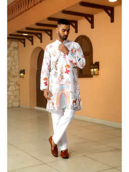 Kraft India - Floral Printed White Mandarin Collor Cotton Summer Kurta