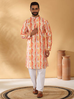 Kraft India - Silk Blend Tie-Dye Printed Mandarin Collor Orange Kurta