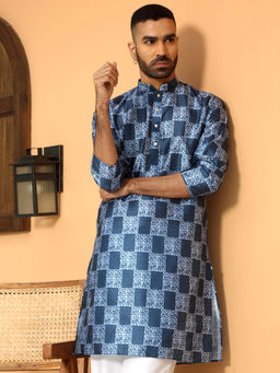 Kraft India - Batik Printed Silk Blend Mandarin Collor Blue Kurta