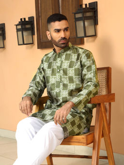 Kraft India - Batik Printed Silk Blend Mandarin Collor Green Kurta