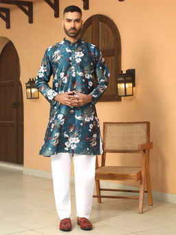 Kraft India - Floral Printed Teal Mandarin Collor Silk Blend Kurta