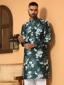 Kraft India - Floral Printed Green Mandarin Collor Silk Blend Kurta