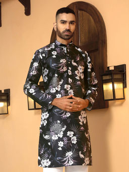 Kraft India - Floral Printed Black Mandarin Collor Silk Blend Kurta
