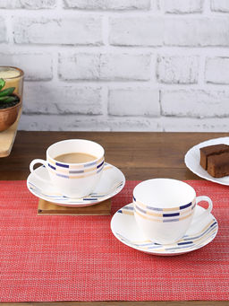 HomeTown - Milan Stripes Ceramic Cup & Saucer Set Of 12 220 Ml in Multi Colour