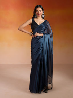 Gajra Gang - B-Desi Divas Petrol Blue Metallic Organza Bead Fringe Embellished Saree