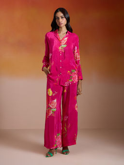 Gajra Gang - Bonjour Baegum Fuchsia Poppy Print Shirt Pant Co-Ord (Set of 2)