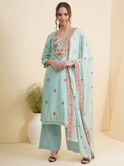 Stylee LIFESTYLE - Teal Pure Silk Embroidered Dress Material (Set of 3)