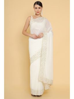 Soch - White Georgette Saree & Geometric and Foliage Embroidery with Unstitched Blouse