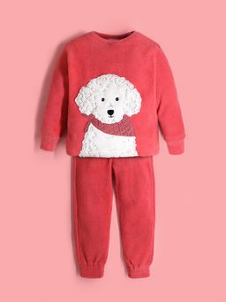 CHERRY CRUMBLE BY NITT HYMAN - Girls Coral Solid Applique Winter Night Suit (Set of 2)
